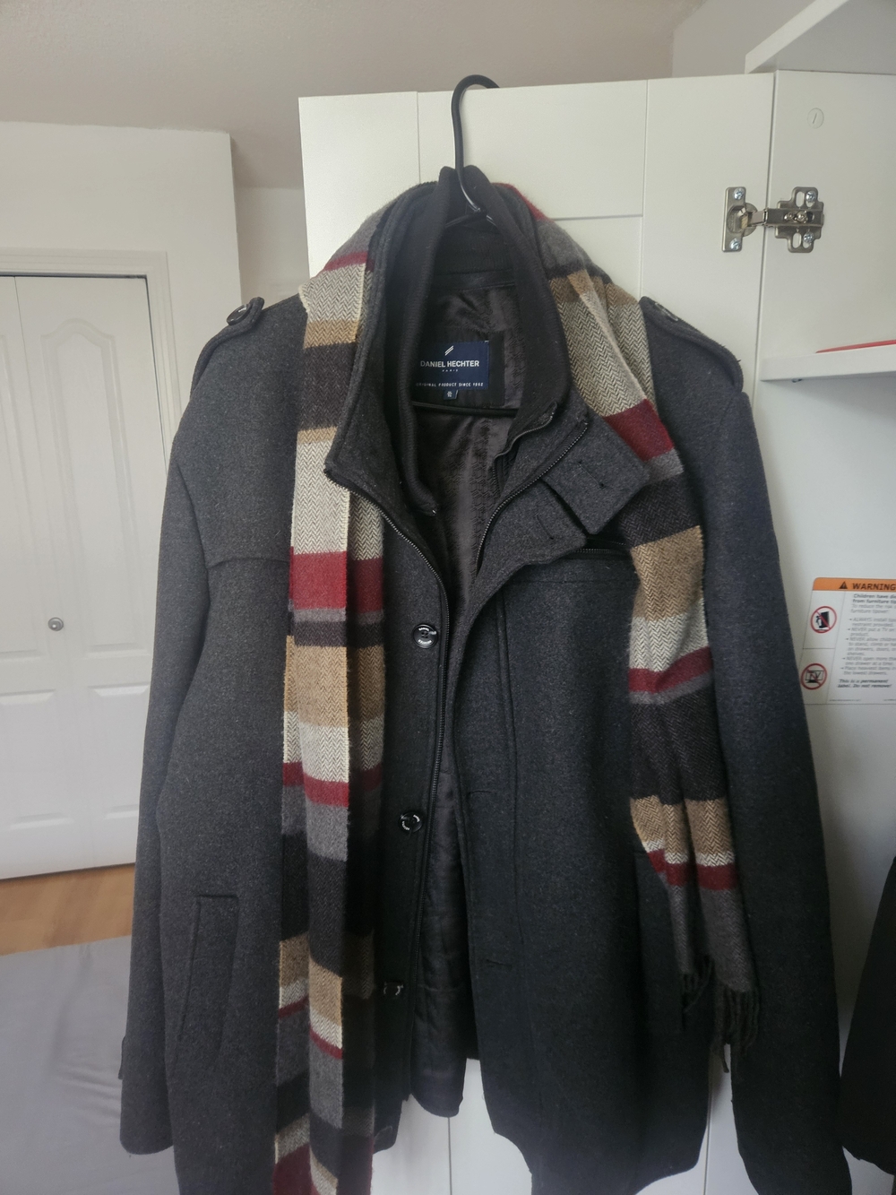 Daniel Hechter Men's Dark Gray Pea Coat with Striped Scarf